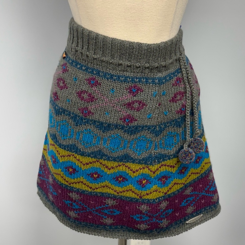 Cozy Patterned Knit Mini Skirt - Teal, Olive & Plum - Picture 2 of 10